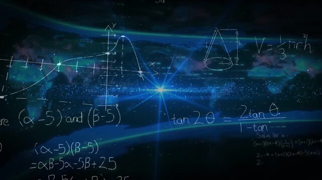 Central blue flare pulsing, sending streaks, chalk axes, curve and cone appearing, visualizing math