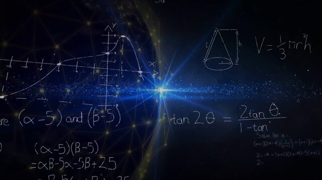 Blue star pulsing and emitting band, causing golden mesh rotating, equations forming, showing math