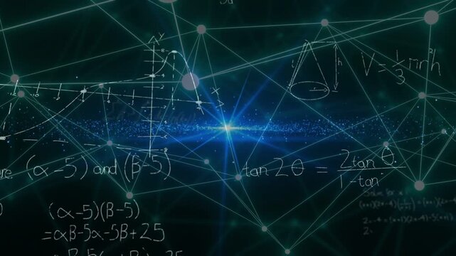 Blue core brightening, burst forming, band glowing, nodes pulsing, math appearing, showing math net