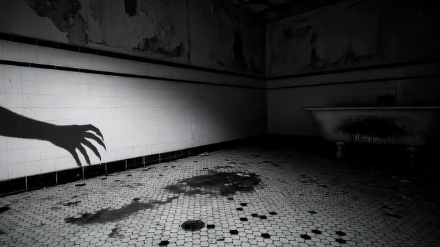 Creepy shadow of a monster emerging on the wall of an abandoned bathroom. Scary horror scene with a dark silhouette creeping toward an old vintage bathtub.