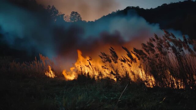 Intense Wildfire Raging Through Tall Dry Grass and Reeds