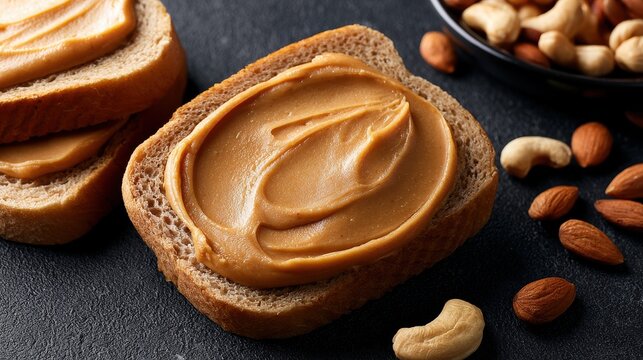 Whole wheat bread slice with smooth peanut butter spread, surrounded by assorted nuts on a dark slate surface, studio shot