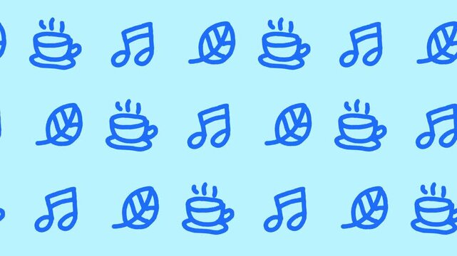 Blue hand-drawn seamless pattern with coffee cup leaf and music notes icons in horizontal background animation. Cute doodle lifestyle wallpaper for a cozy morning theme.