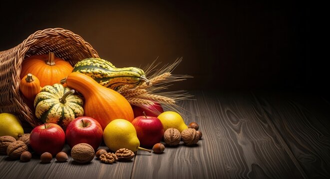 Abundant Autumn Harvest Cornucopia with Pumpkins, Apples, Pears, and Nuts on Rustic Dark Wood Background