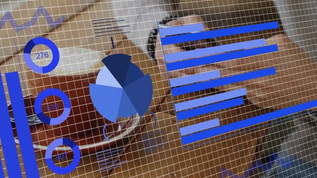 Man in glasses shifting while business data updating, animating pie rings bars over teacup and face