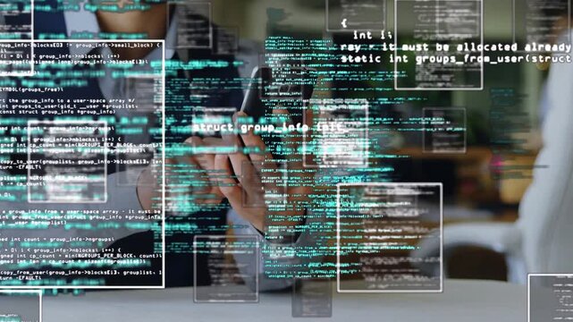 Woman tapping smartphone, updating floating code overlays, colleague leaning in, showing tech demo