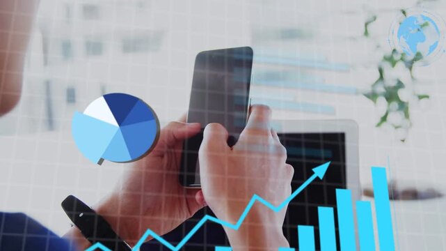Business analyst tapping smartphone, creating percentages and evolving charts over phone for review
