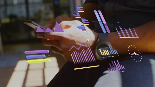 First tap starting translucent charts overlaying hands tapping phone visualizing data near watch