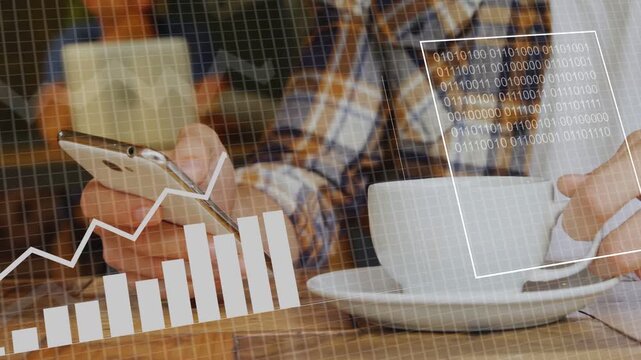Man adjusting phone and lifting cup at cafe, causing finance charts growing, binary panel expanding