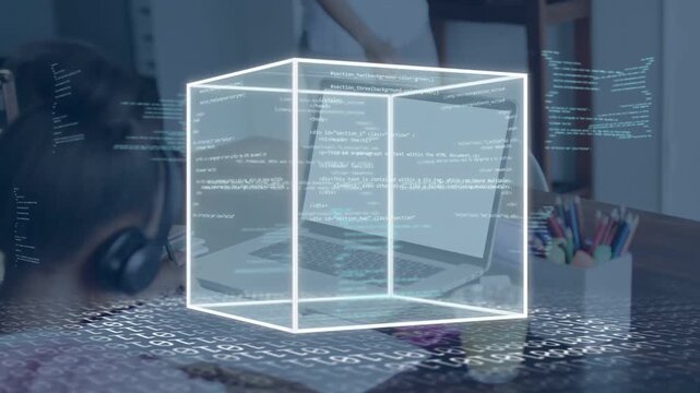 Student writing at desk for education, laptop activating wireframe cube projecting code onto table