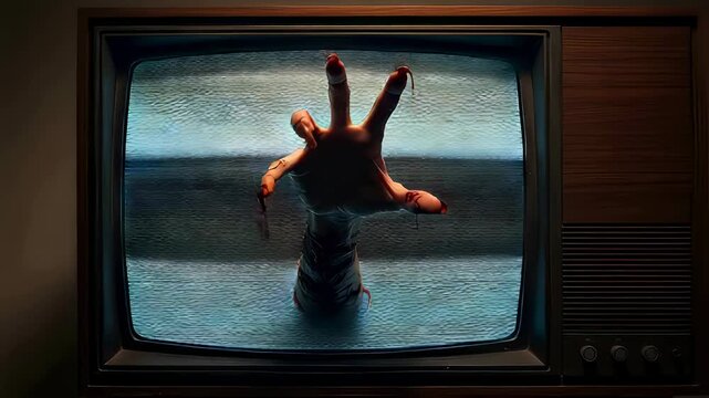 Bloody hand emerging from vintage television screen in dark room. Spooky horror concept for Halloween. Supernatural entity reaching out from retro media device.