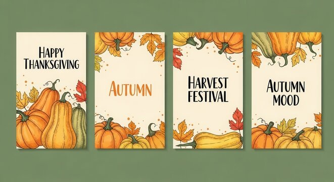 Autumn Harvest Festival and Happy Thanksgiving Vertical Banner Set with Hand Drawn Pumpkins and Leaves