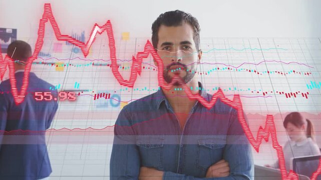 Red jagged finance chart sweeping across office blue-denim man stopping smiling reacting to losses
