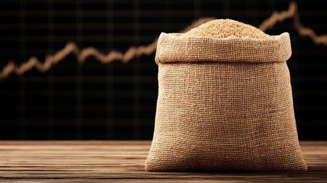 Sack of wheat grains on a wooden table with a financial chart background, concept of commodity trading