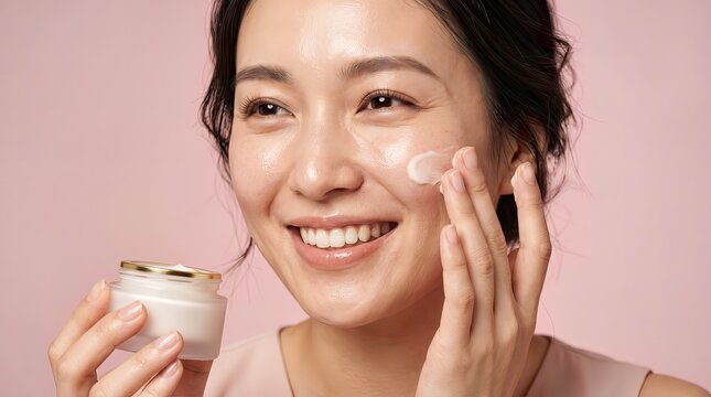 Smiling young Asian woman applying moisturizing face cream from a jar, skincare routine concept