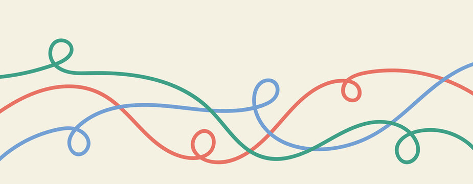 Abstract horizontal background with wavy swirl line in flat minimal style. Wallpaper with multicolor organic curvy curly stripe. Wave line art.