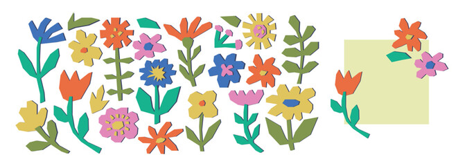 Fototapeta premium Collage cut-out abstract floral botanical elements in flat funky style. Paper simple children flower. Fun plants set stickers