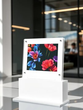 Sleek acrylic display stand with minimalist white sign, geometry, lineart