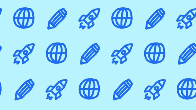 Blue hand-drawn seamless pattern with rocket, globe, and pencil icons in horizontal background animation with a cute doodle education for startup theme wallpaper.