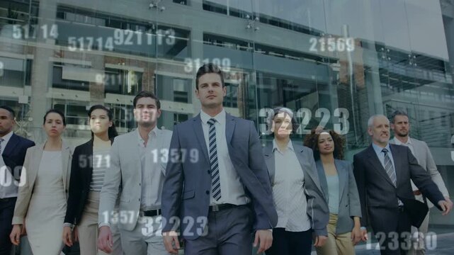 Lead male stepping forward, leading business team walking by glass, numeric overlay obscuring faces