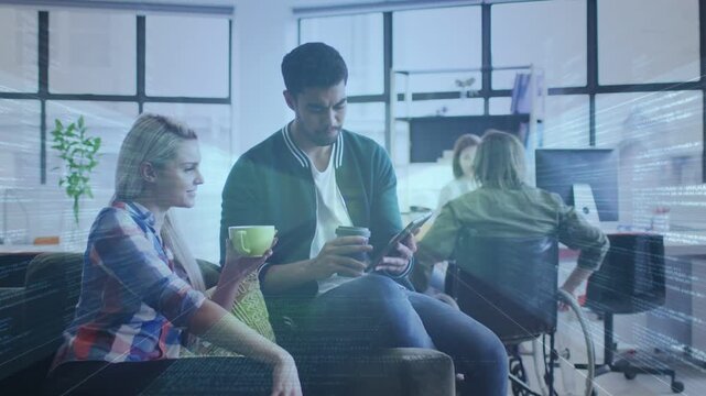 Man scrolling smartphone and woman pointing, man tilting phone, coworkers collaborating in office