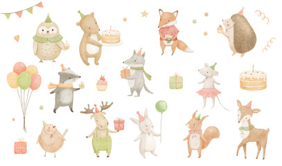 Obraz premium Cute woodland animals with balloons and cake in festive birthday hat isolated on white background, flags garland, watercolour forest animal character illustration for kids, hand drawn art