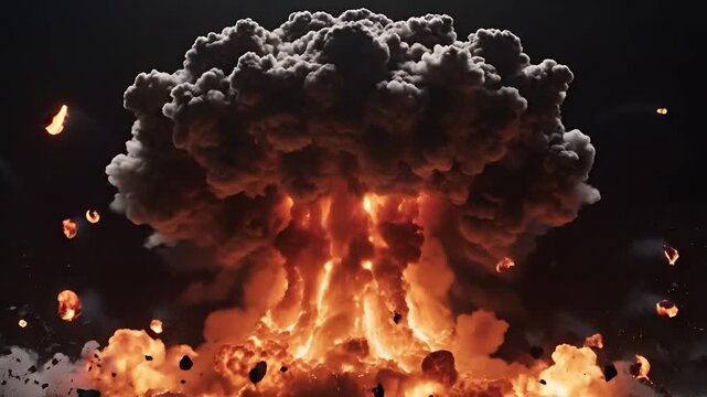 Massive Nuclear Explosion Mushroom Cloud Billowing Fireball Dark Background.