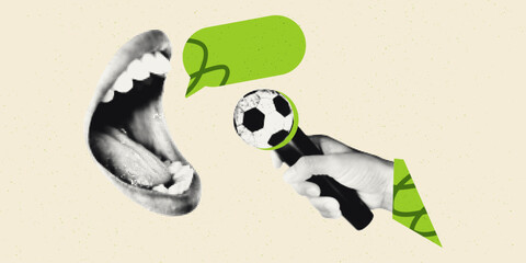 Creative collage for football commentary or sports interview concept. Halftone mouth talking into microphone with soccer ball. Modern retro vector illustration. Radio podcast social media news banner © ugguggu