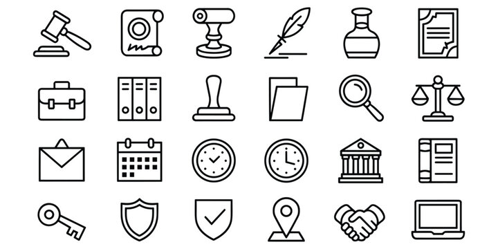 Professional legal and justice outline icon collection with law firm symbols and court elements
