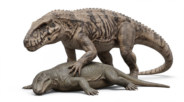 Prestosuchus chiniquensis holding prey to the ground, realistic 3D reconstruction of a Triassic archosaur predator subduing captured prey on a clean white background with dynamic hunting behavior.