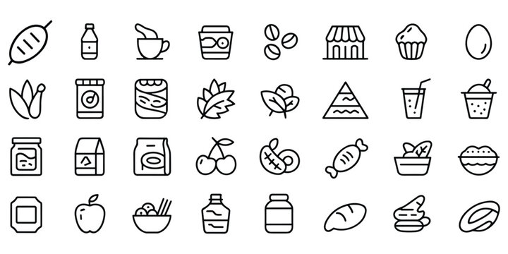 Food and grocery store items outline icon set for culinary websites and organic market branding