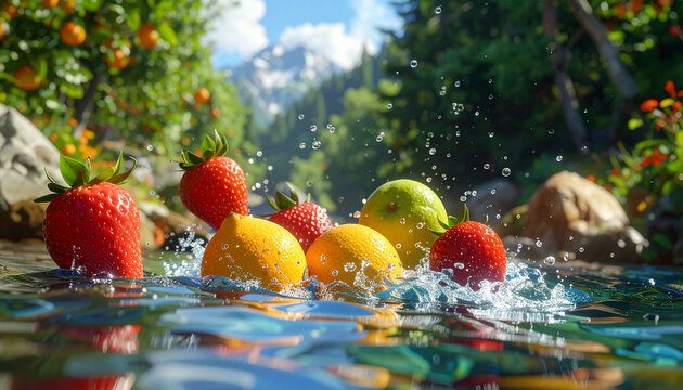 Fresh fruits splashing in water.
