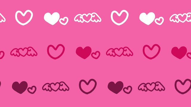 Hand-drawn seamless pattern with hearts and angel wings on a pink background animation for a cute Valentine's Day doodle hearts wallpaper.