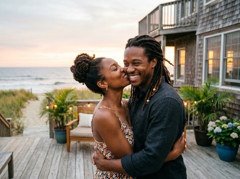 Um casal em um momento fofo perto da praia