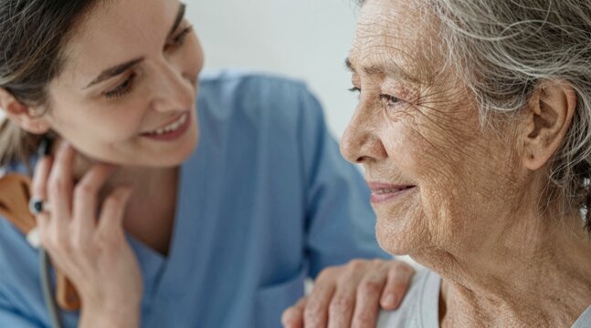 Caring nurse comforting smiling senior cancer patient in hospital