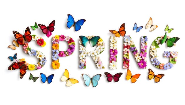 Colorful spring flowers and butterflies arranged to spell the word "SPRING" on a white background