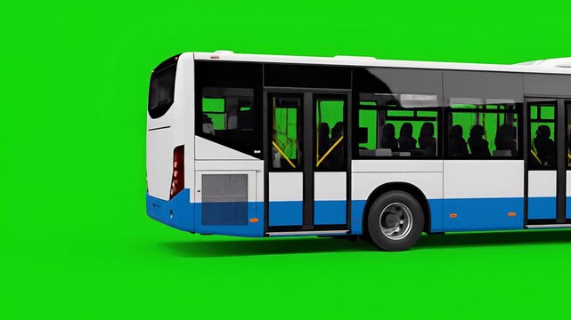Modern City Bus with Blue and White Exterior on Green Screen Background.