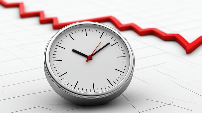 Clock and a falling red graph isolated on white background