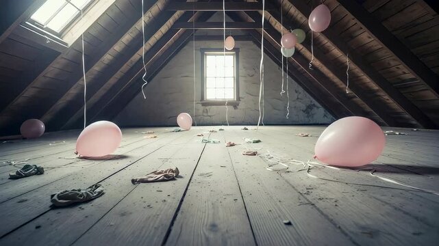 Pink balloon inside dark abandoned attic. Creepy horror scene with scattered objects on wooden floor. Mysterious dusty room for halloween mood and thriller theme.