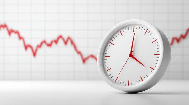 White clock face with red hands on white table with red financial chart background