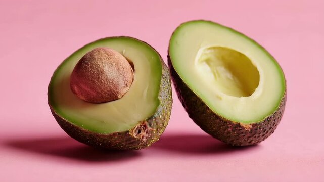 Halved Fresh Avocados with Pits on Bright Pink Background