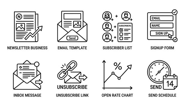 Newsletter business marketing icon set including email template subscriber list signup form inbox message unsubscribe link open rate chart and send schedule calendar symbols in black line art style.