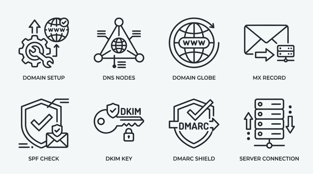 Email authentication protocols and domain configuration icons including spf check dkim key dmarc shield mx record server connection and dns nodes for secure message delivery and technical web setup.