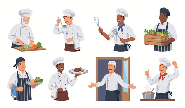Professional Chefs Character Set Cooking and Serving Food Vector Illustration