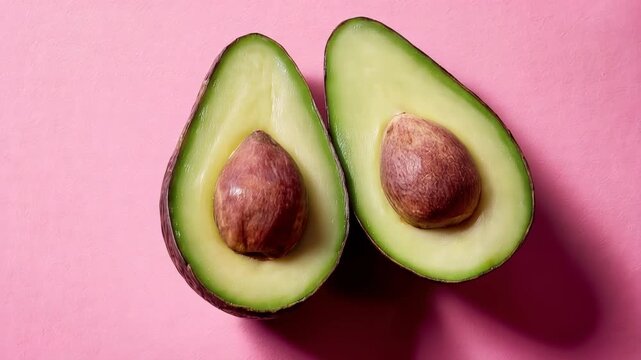 Halved Fresh Avocados with Pits on Bright Pink Background