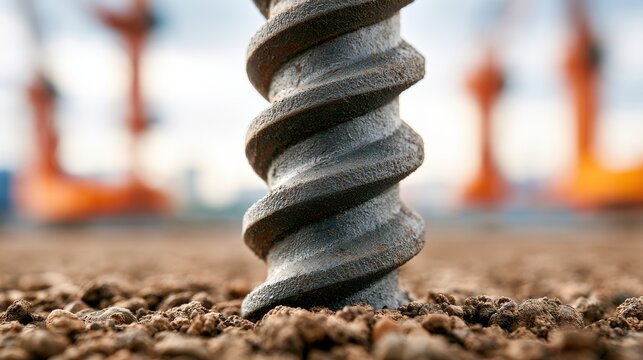 Detailed view of a screw drill bit in dry soil with construction equipment in background