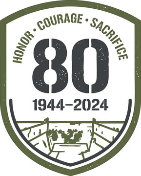 80th anniversary emblem, dday commemoration badge, 19442024, military style shield with stencil typography, honor courage sacrifice text, vector illustration for memorial event