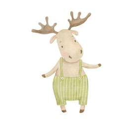Obraz premium Cute watercolour cartoon stylized moose isolated on white, woodland funny animal character illustration for baby