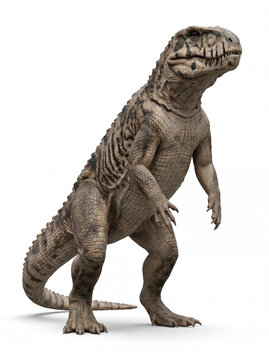 Prestosuchus chiniquensis standing on hind legs, realistic 3D reconstruction of a Triassic archosaur predator in a dynamic upright posture on a clean white background with detailed anatomy.