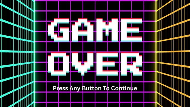 Game Over Screen Digital Glitch Effect with Press Any Button To Continue Message
